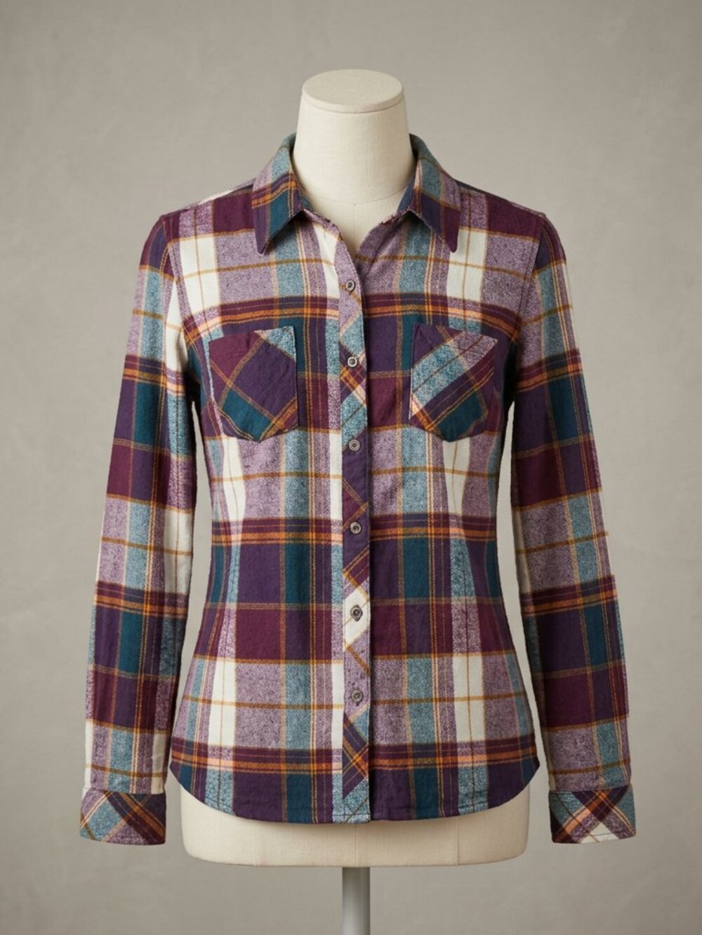 Plaid Flannel Outdoorsy Shirt Burgundy Blue Orange Gorpcore Fall Autumn M